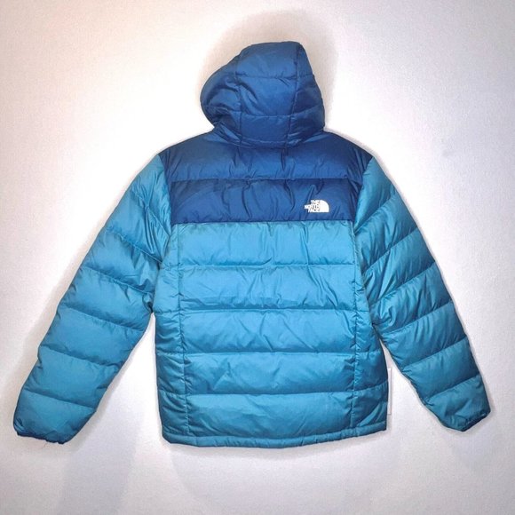 The North Face Alpz Luxe Down Puffer Coat Jacket Storm Blue Mens Hooded Sz Large - Picture 2 of 8